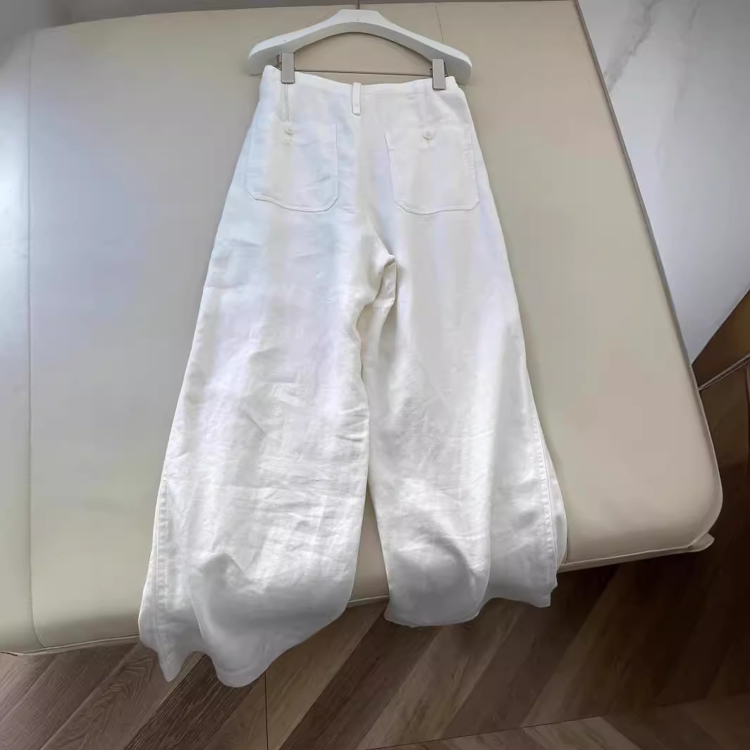 白パンツ リネン混ハイウエストゆったりワイドパンツ