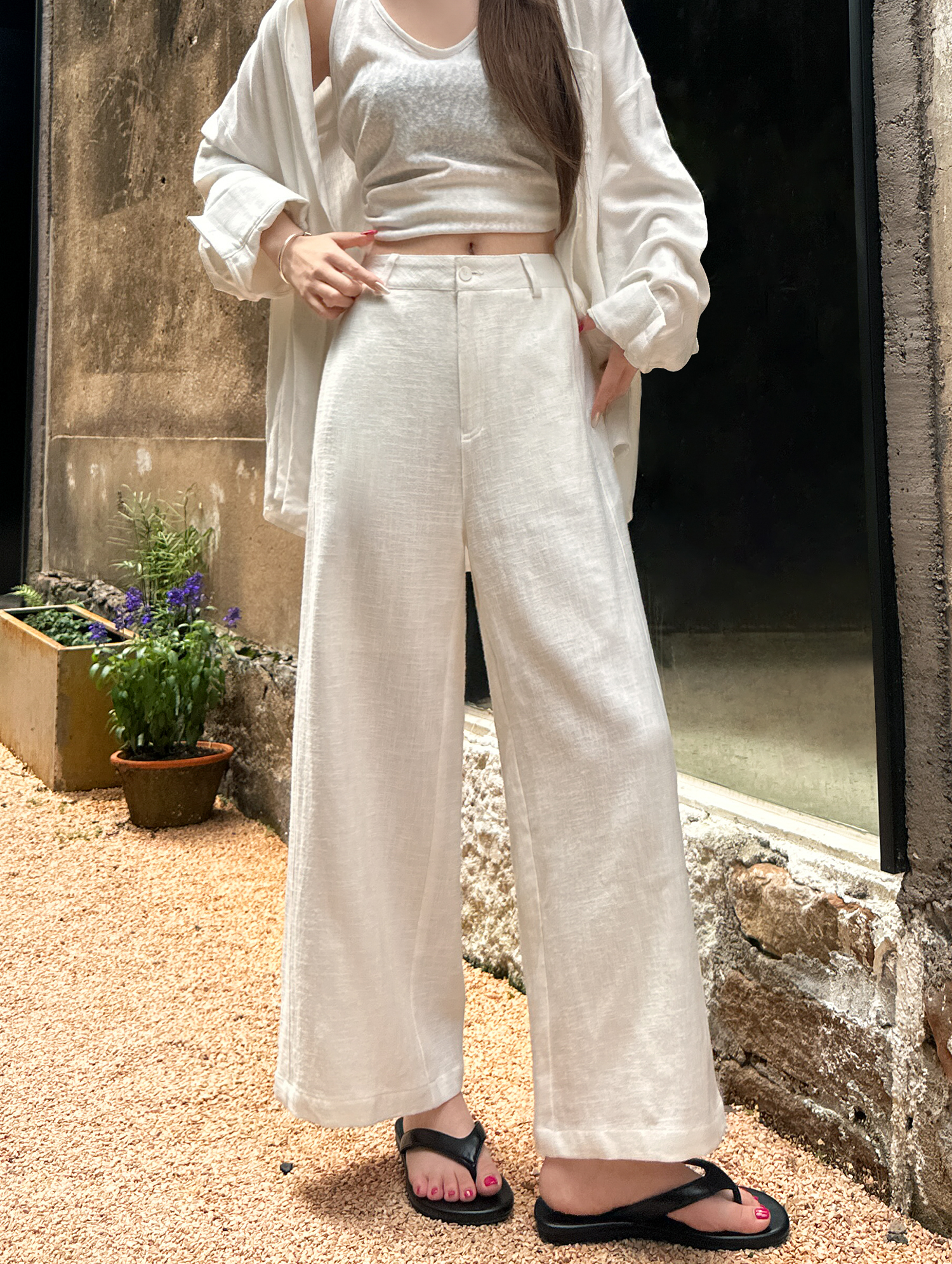 白パンツ さらり風合い麻混ワイドパンツ