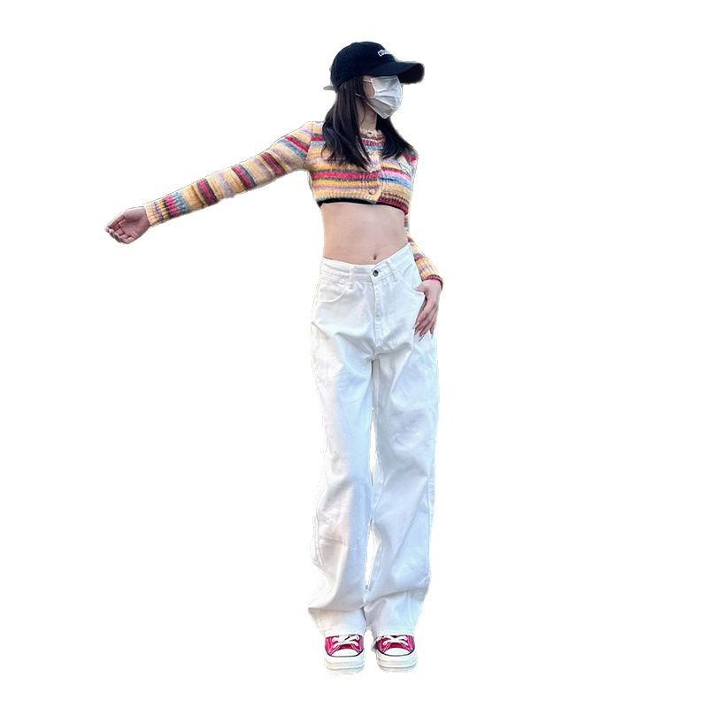 白パンツ ハイウエストストレートワイドデニムパンツ