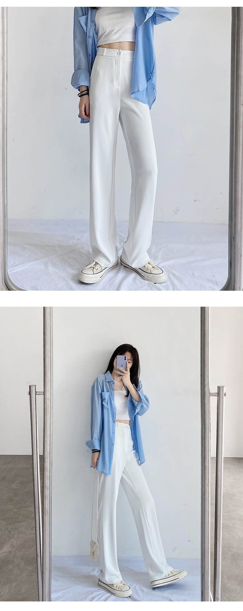 白パンツ ゆったりストレートスラックスパンツ