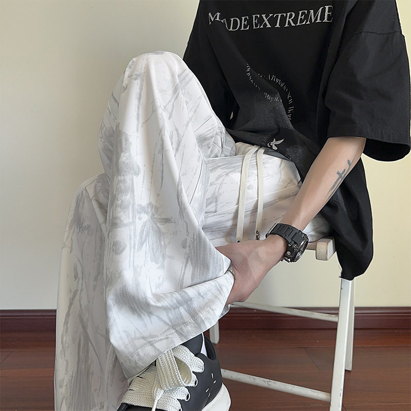白パンツ 大理石柄ワイドパンツ