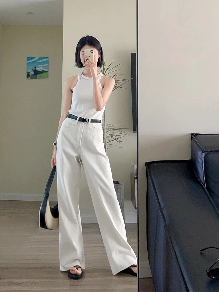 白パンツ ドレープストレートデニムパンツ