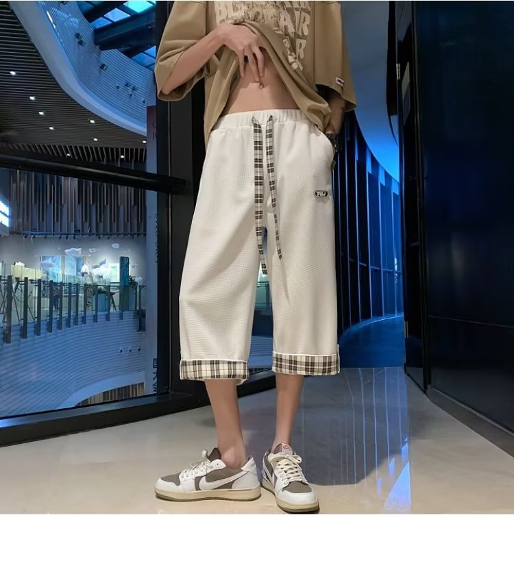 白パンツ 格子柄ワンポイント七分丈パンツ