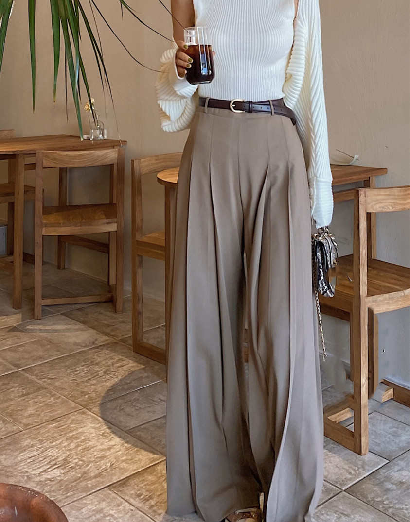 白パンツ 白色ハイウエストワイドパンツ マキシ丈プリーツ
