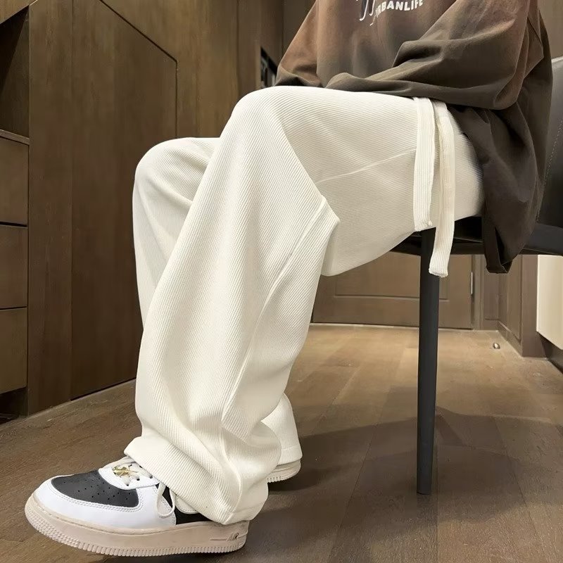 白パンツ 畦編みリラックスワイドパンツ