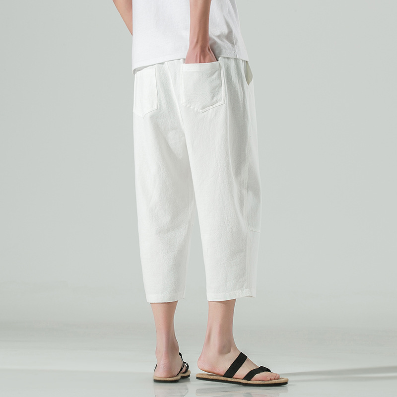 白パンツ リネン混紡 リラックスクロップドパンツ