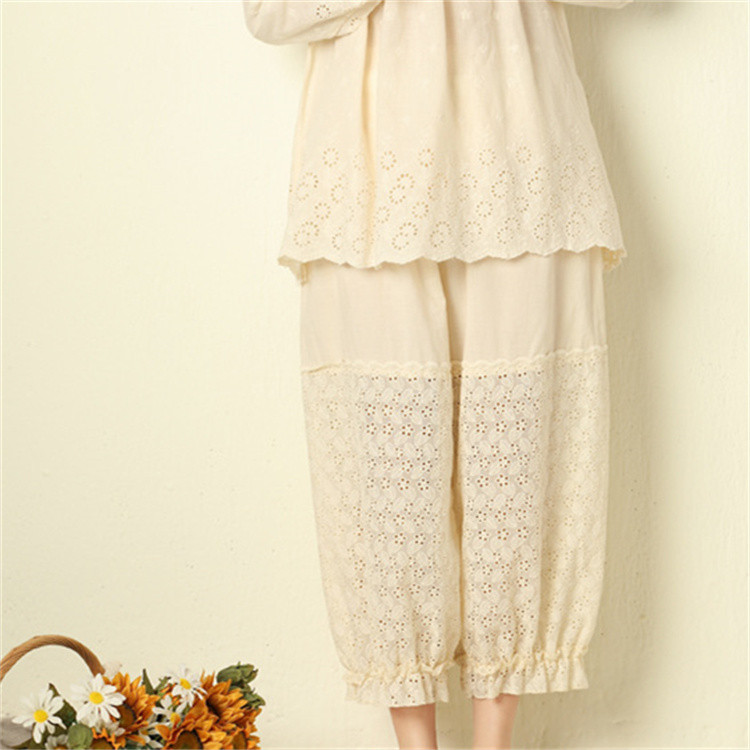 刺繍レース透かし彫りワイド白パンツ