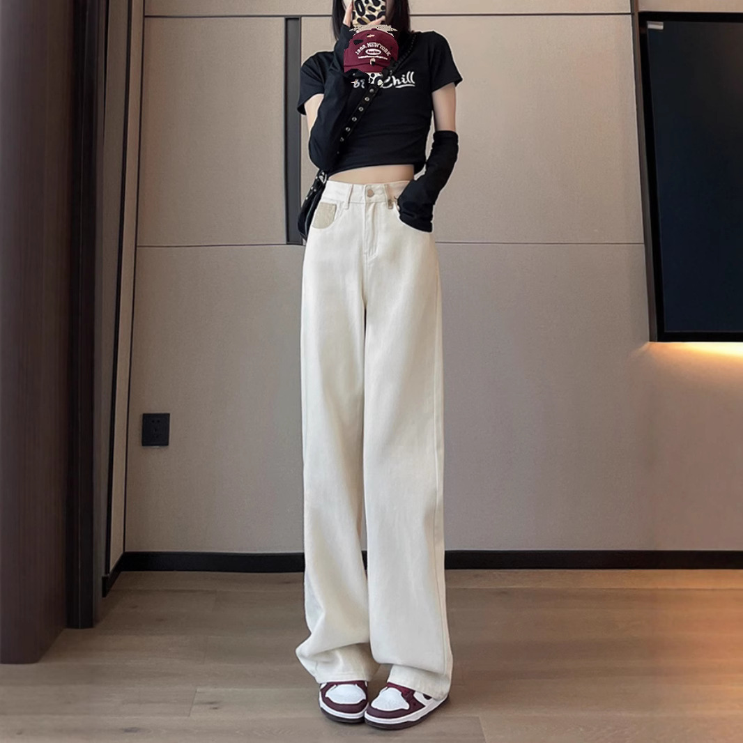 白パンツ ウエスト刺繍デニムストレートパンツ