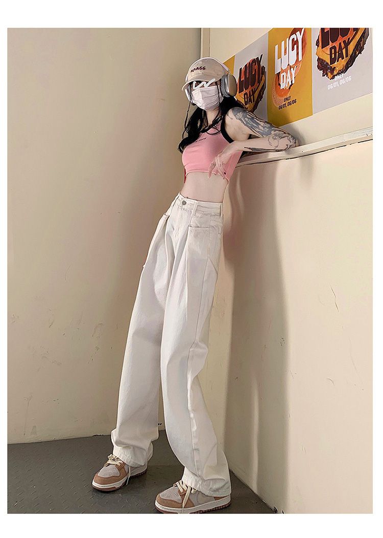 白パンツ ゆったりハイウエストワイドパンツ