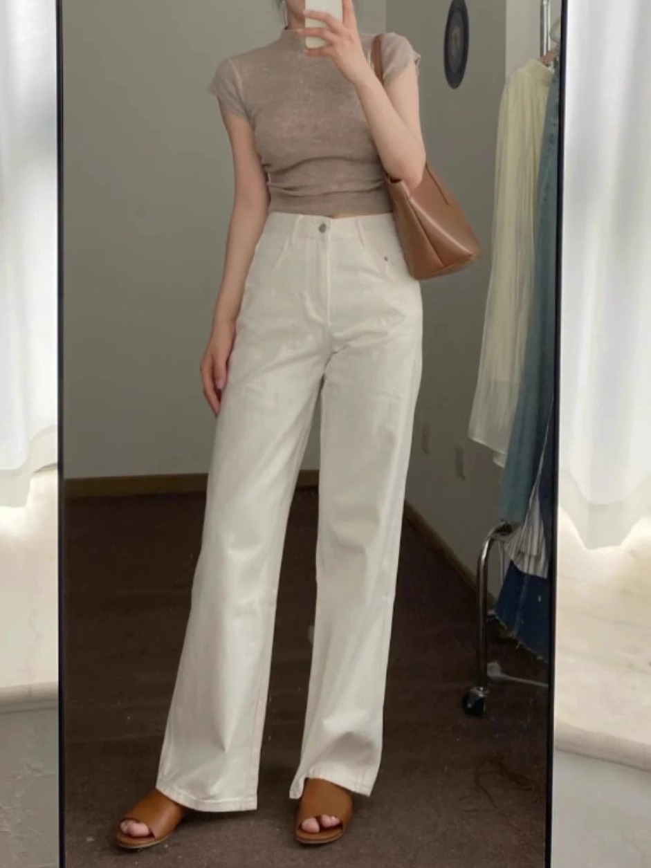 白パンツ ハイウエストストレートデニムパンツ