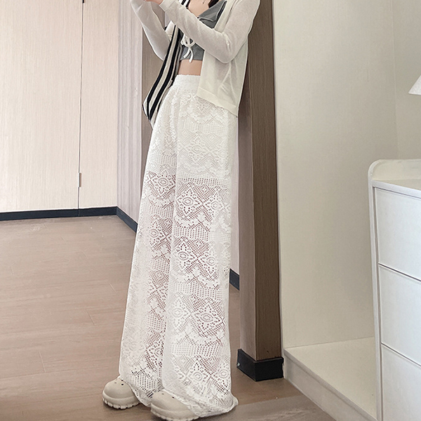 白パンツ 新作レディース透け感レースワイドパンツ
