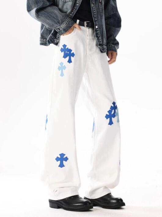 秋冬クロス柄白パンツ ワイドズボン 男性用