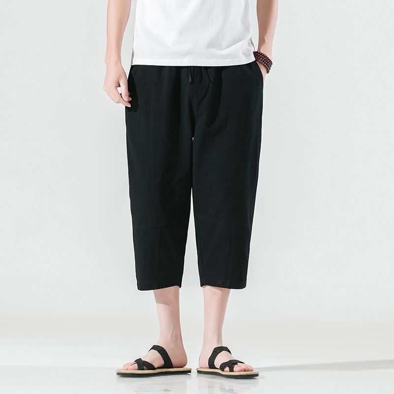 白パンツ リネン混紡 リラックスクロップドパンツ
