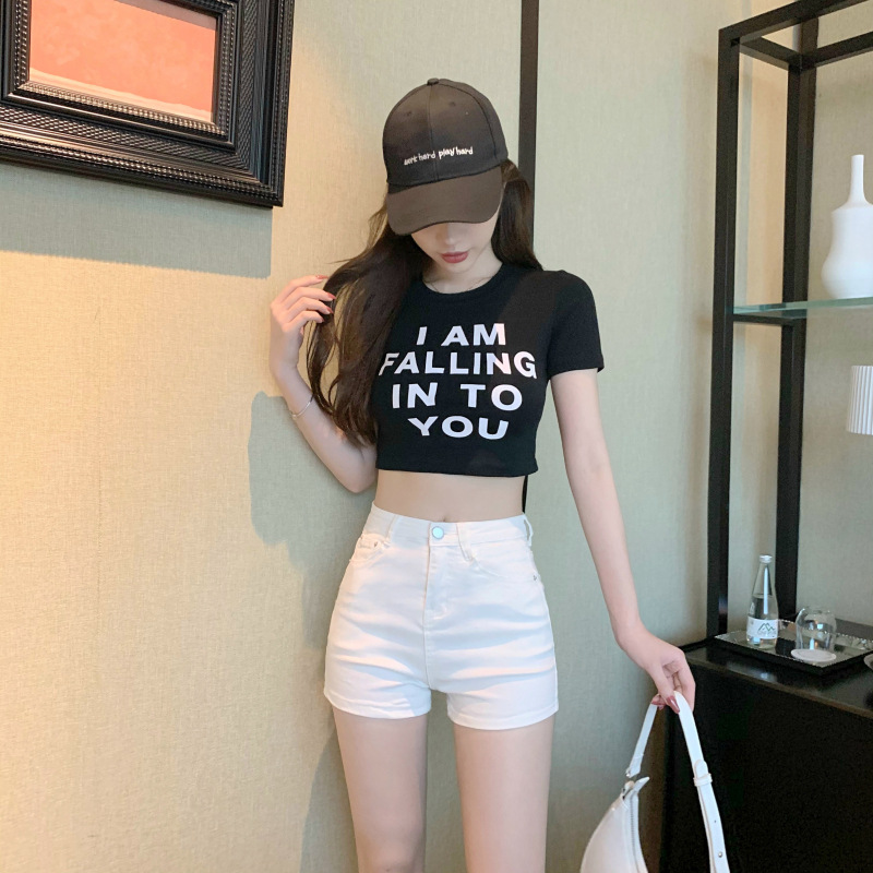 白パンツ ハイウエストデニムショートパンツ