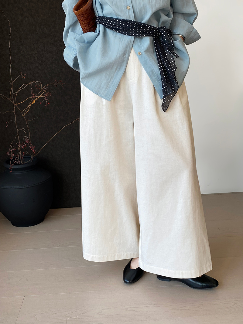 白パンツ リネン風タックワイドパンツ