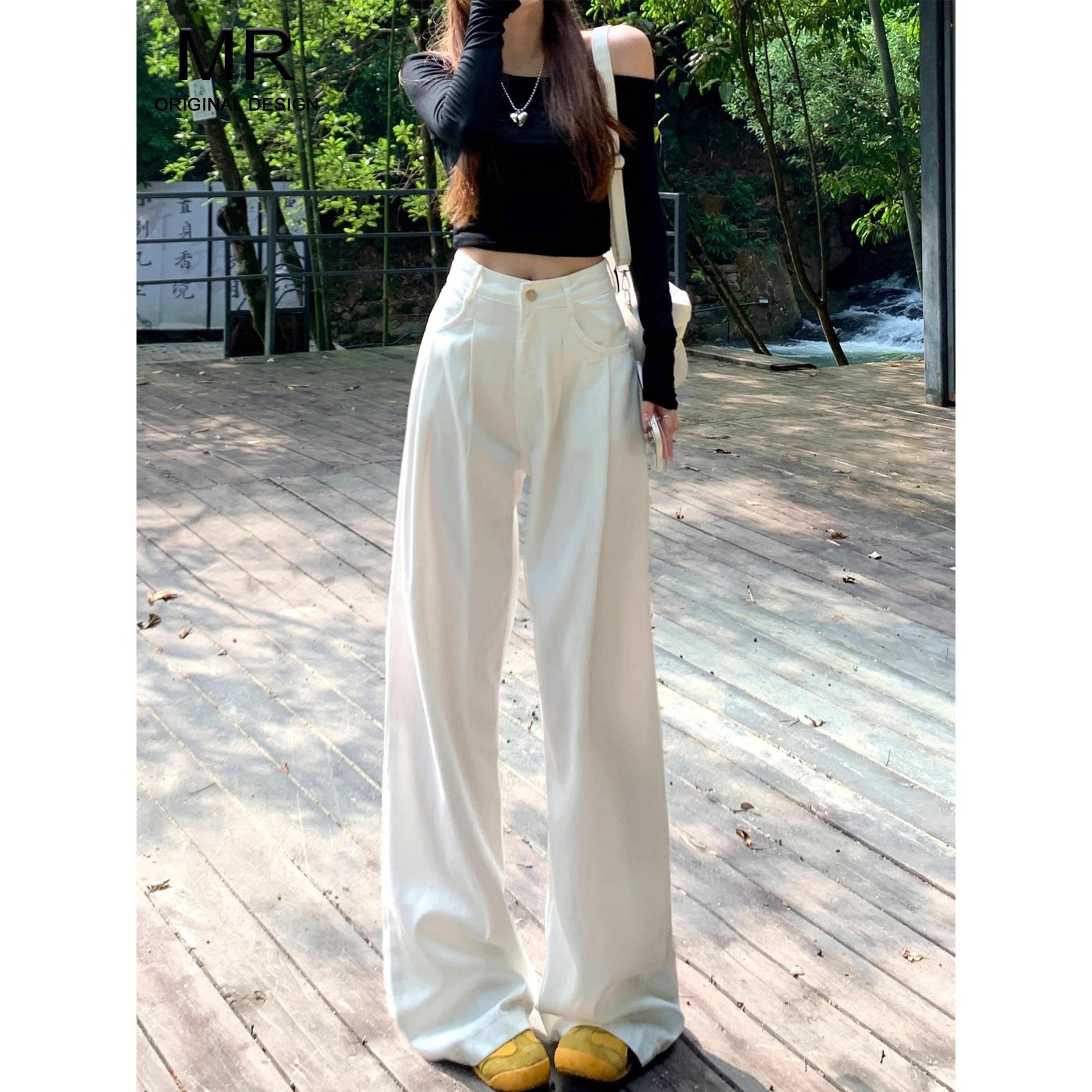 白パンツ 高腰ワイドシルエット美脚ロングパンツ
