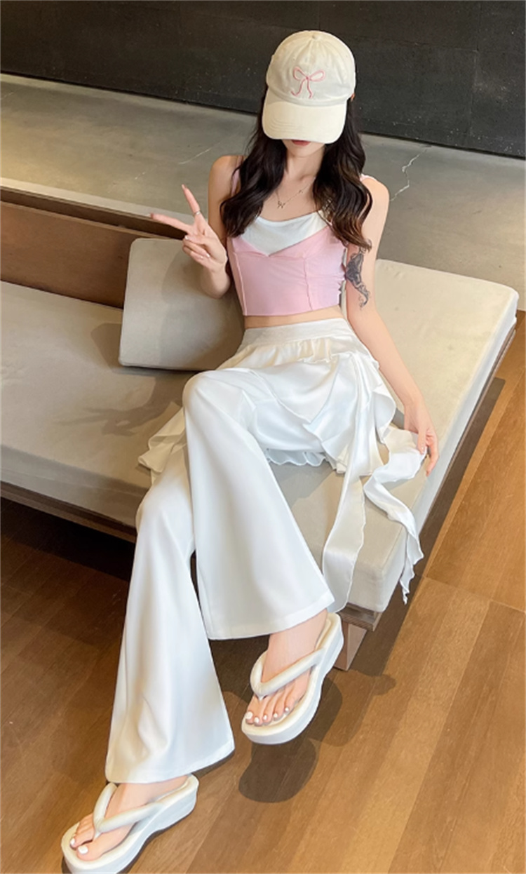 フリルスカート付きフレアパンツ ハイウエスト夏向け白パンツ