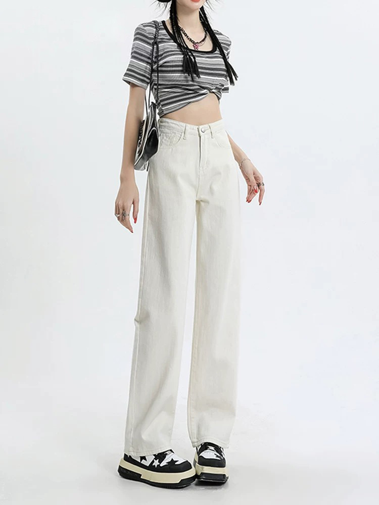 白パンツ ゆったりストレートデニムパンツ