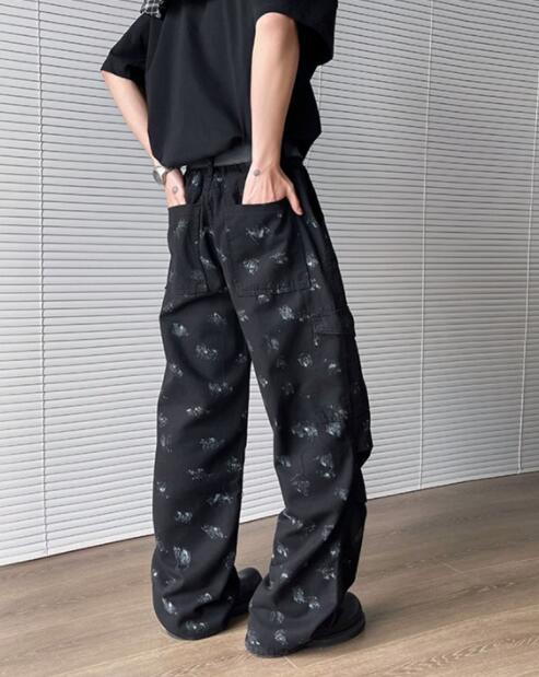 メンズ白パンツ カーゴ総柄ワイドパンツ