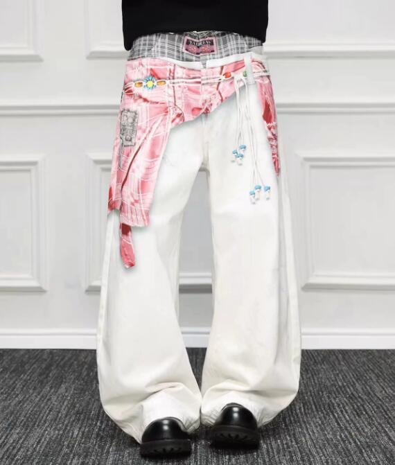 白パンツ 秋冬メンズ白ワイドパンツ レイヤード刺繍デザイン