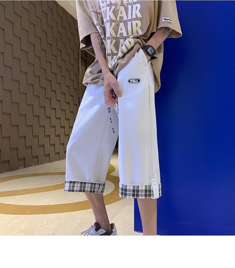 白パンツ 格子柄ワンポイント七分丈パンツ