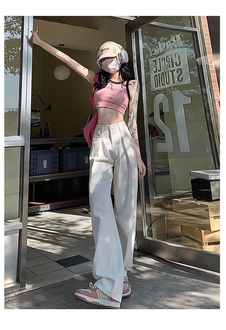 白パンツ ゆったりハイウエストワイドパンツ