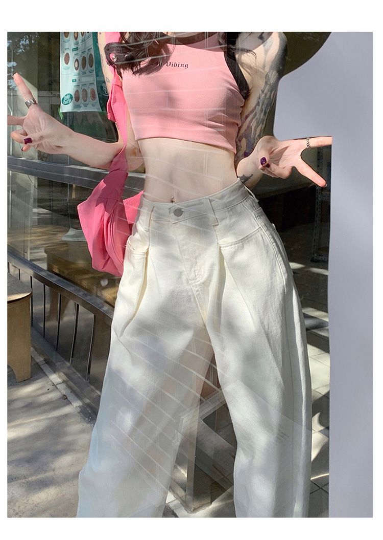 白パンツ ゆったりハイウエストワイドパンツ