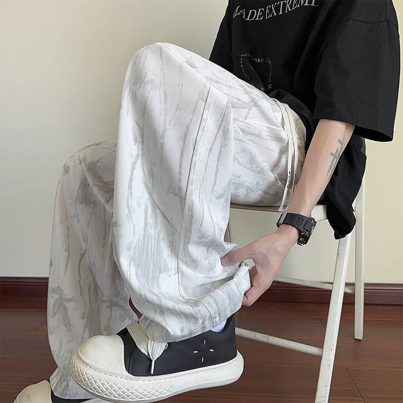 白パンツ 大理石柄ワイドパンツ