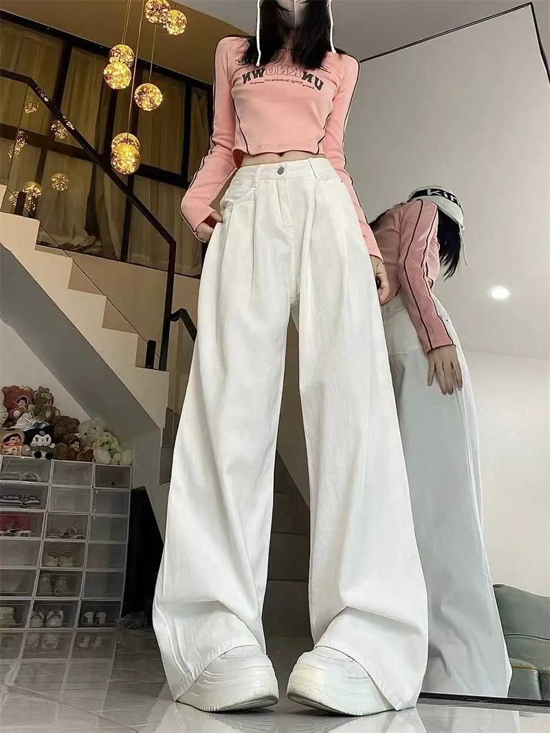 白パンツ レディース ハイウエスト デニム ワイドパンツ 着痩せ おしゃれ