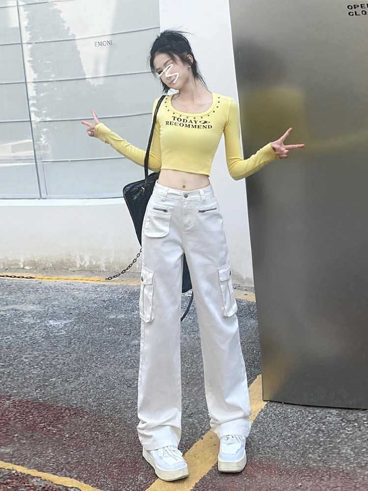 白パンツ マルチポケットワイドパンツ