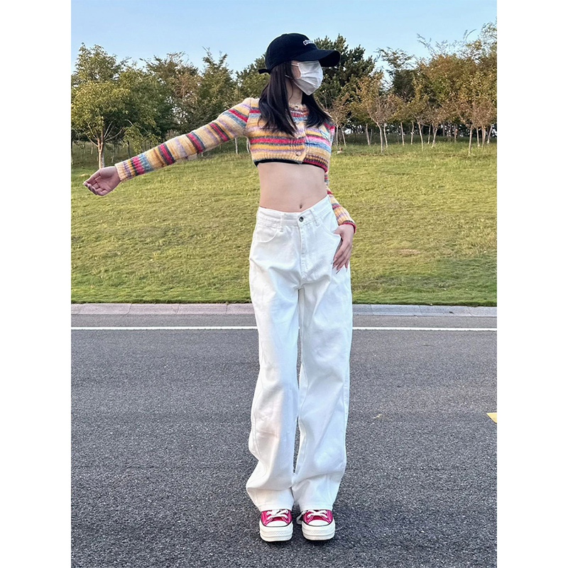 白パンツ ハイウエストストレートワイドデニムパンツ