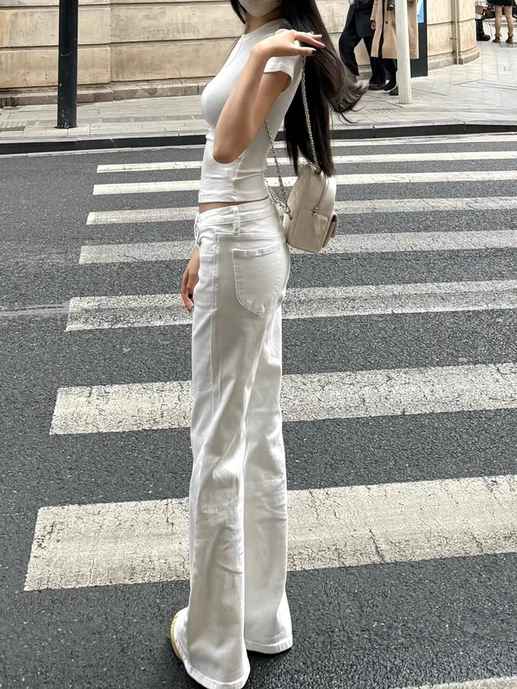 白パンツ 脚長効果抜群フレアシルエットワイドパンツ