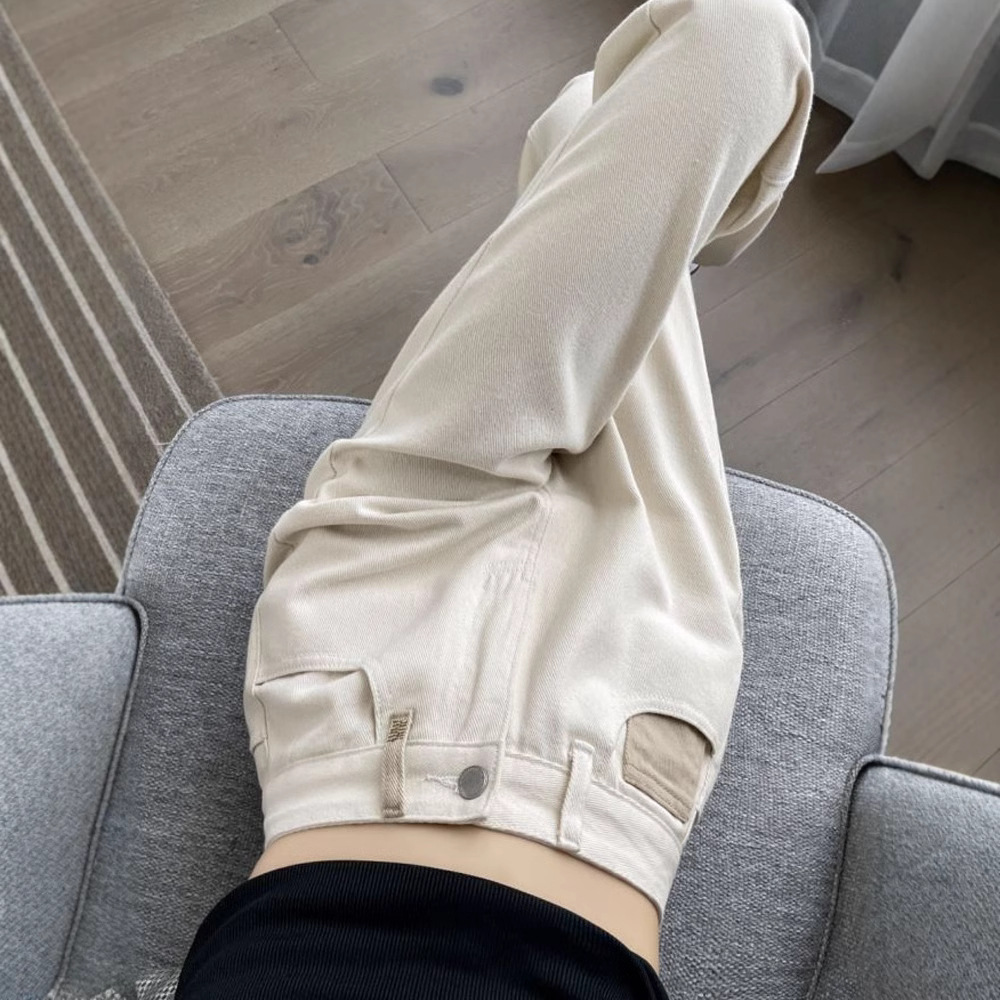 白パンツ ウエスト刺繍デニムストレートパンツ