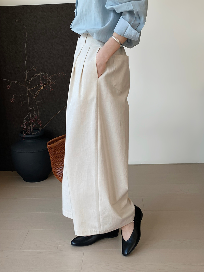 白パンツ リネン風タックワイドパンツ