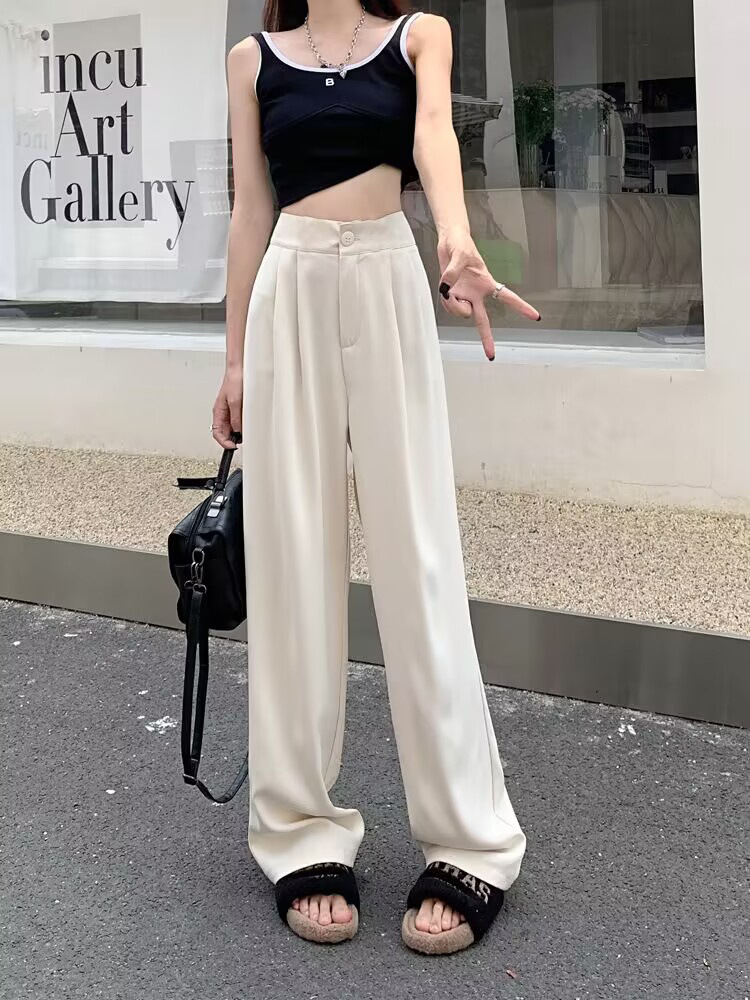 白パンツ ハイウエスト広幅タックワイドパンツ