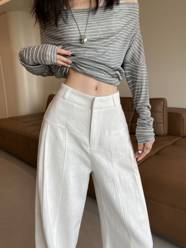 白パンツ 上質リネン風ストレートワイドパンツ