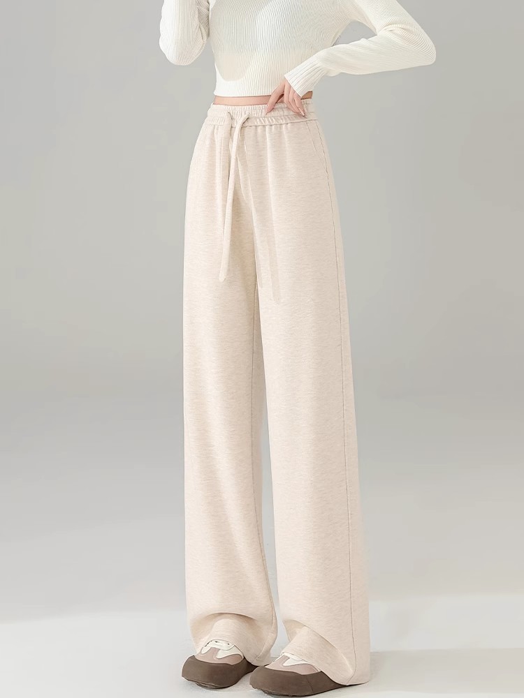 白パンツ ウール混紡リボン付きワイドストレートパンツ