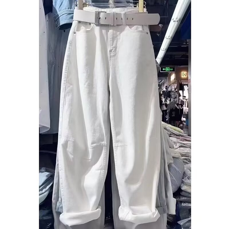 白パンツ ベルト付きハイウエストゆったりワイドデニムパンツ