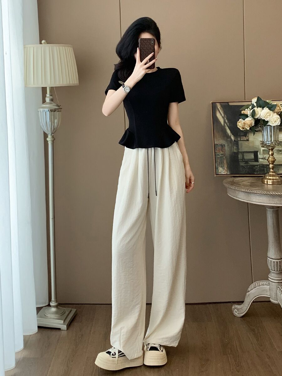 白パンツ ゆったりワイド紐付きハイウエストパンツ