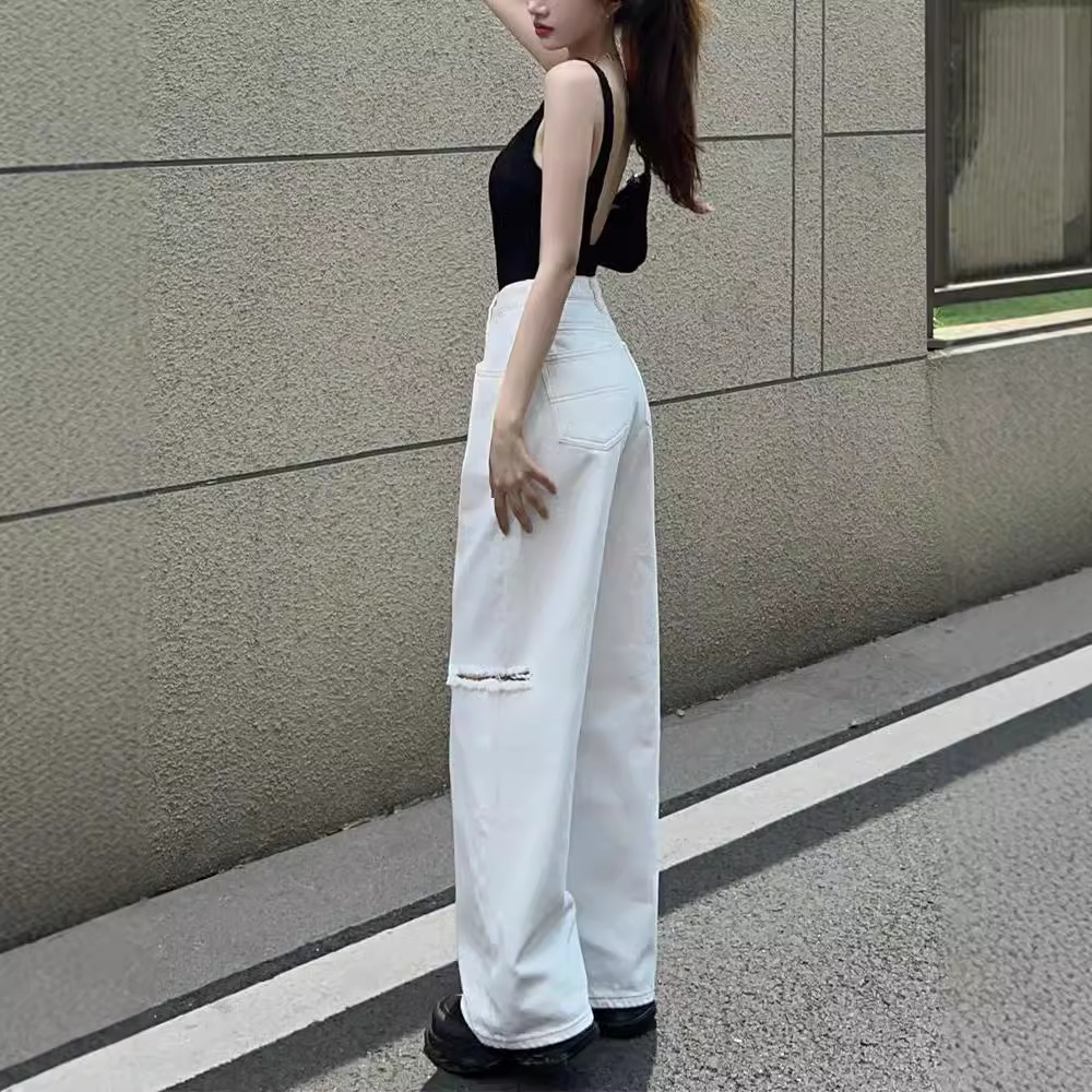 白パンツ ダメージ加工ハイウエストデニムワイドパンツ