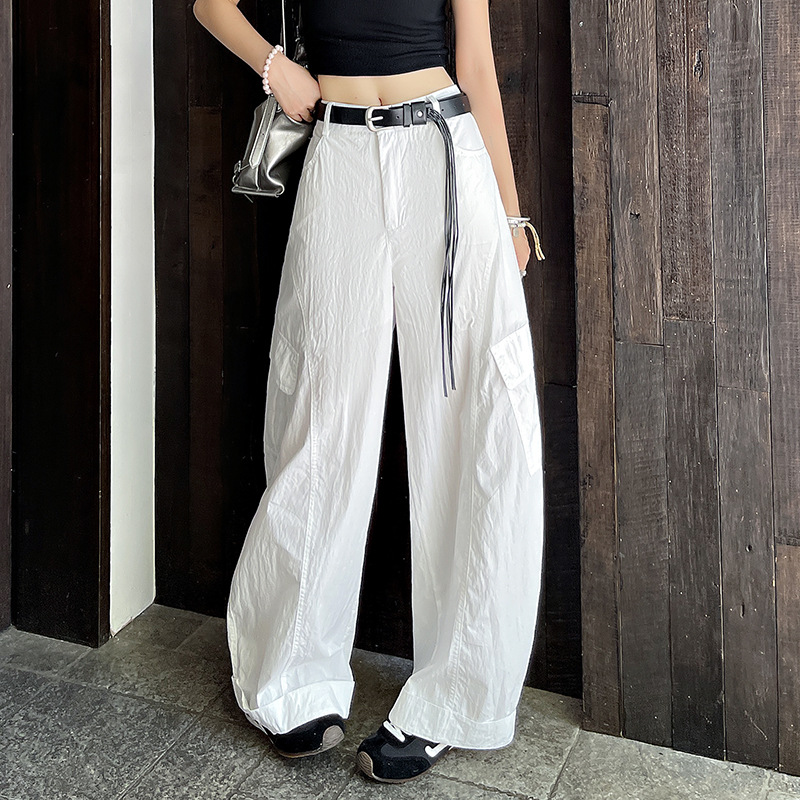 白パンツ ベルト付きナイロンワイドシルエットカーゴパンツ