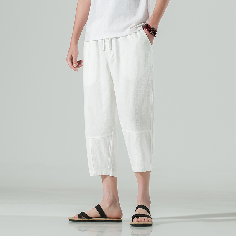 白パンツ リネン混紡 リラックスクロップドパンツ