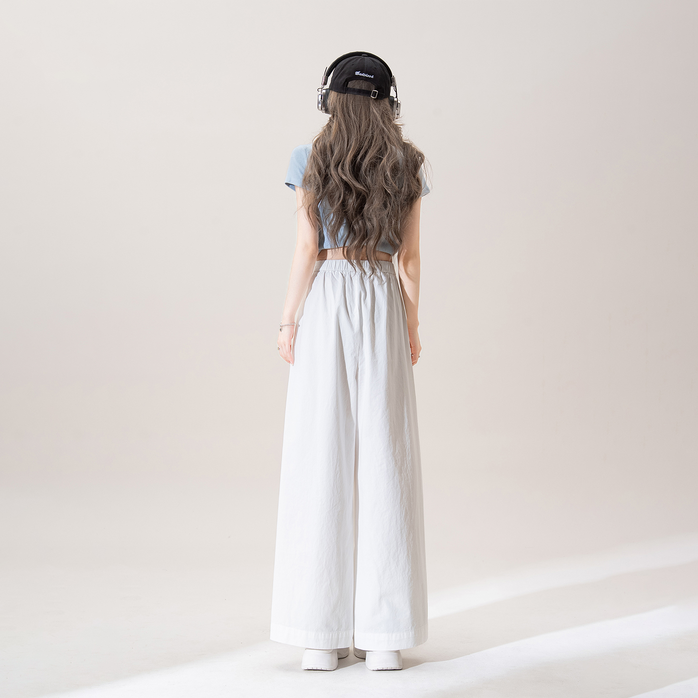 白パンツ ゆったりワイド綿麻素材ロングパンツ