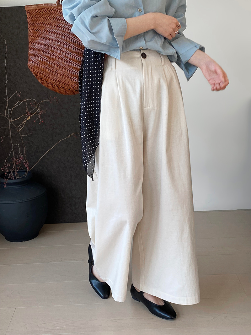 白パンツ リネン風タックワイドパンツ