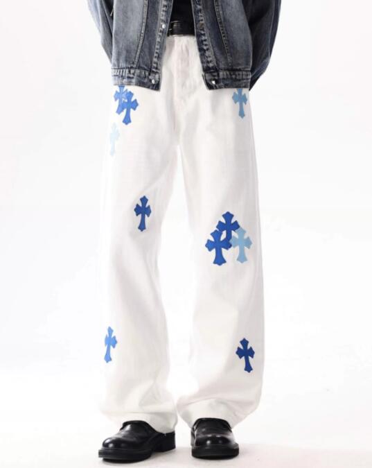 秋冬クロス柄白パンツ ワイドズボン 男性用