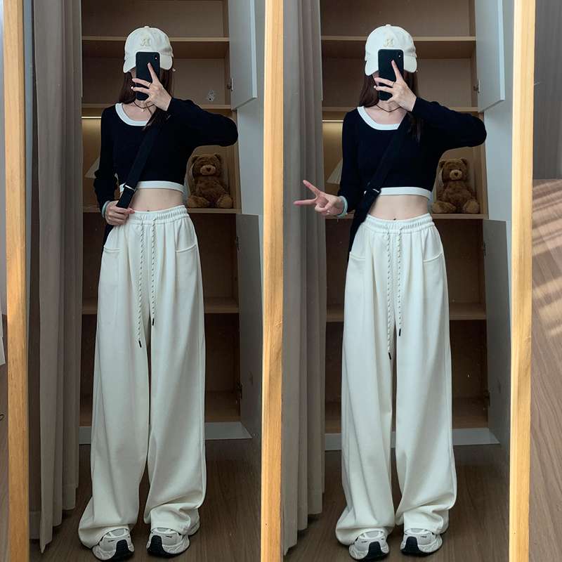 白パンツ ドロスト付きゆったりスウェットパンツ