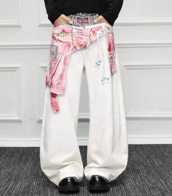 白パンツ 秋冬メンズ白ワイドパンツ レイヤード刺繍デザイン