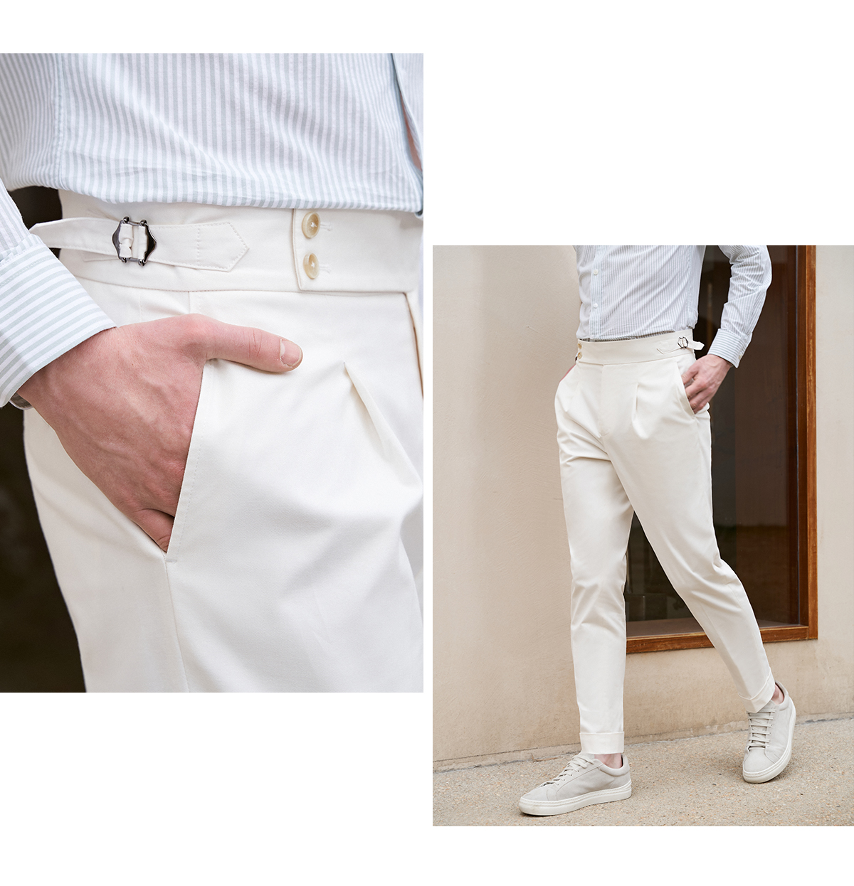 白パンツ サイドアジャスター付きワンタックパンツ