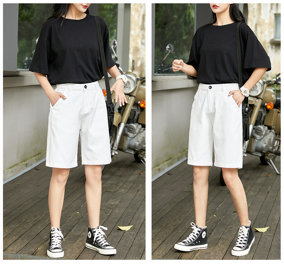 白パンツ シンプル膝丈ストレートハーフパンツ