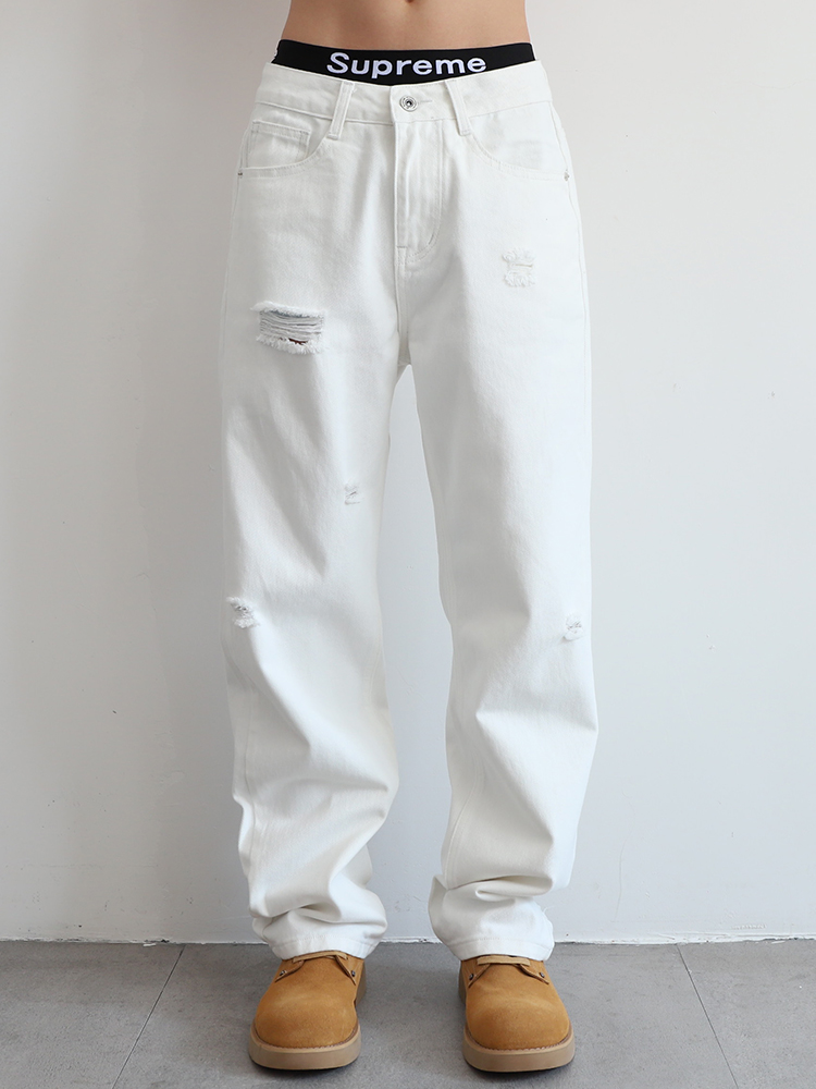 白パンツ ダメージ加工ストレートパンツ